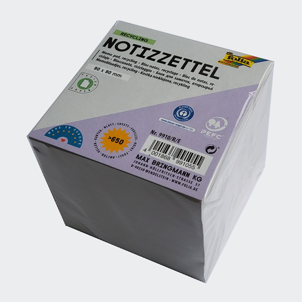 folia Notizzettel "Recycling", 90 x 90 x 90 mm, 650 Blatt